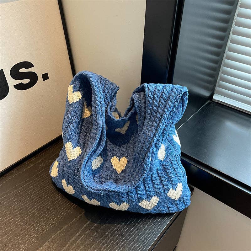 Knitted Heart Design Shoulder Tote Bag