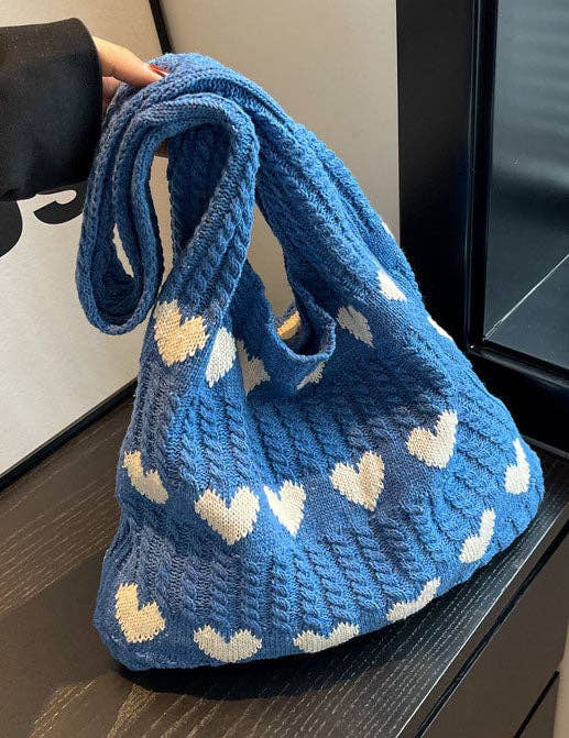 Knitted Heart Design Shoulder Tote Bag