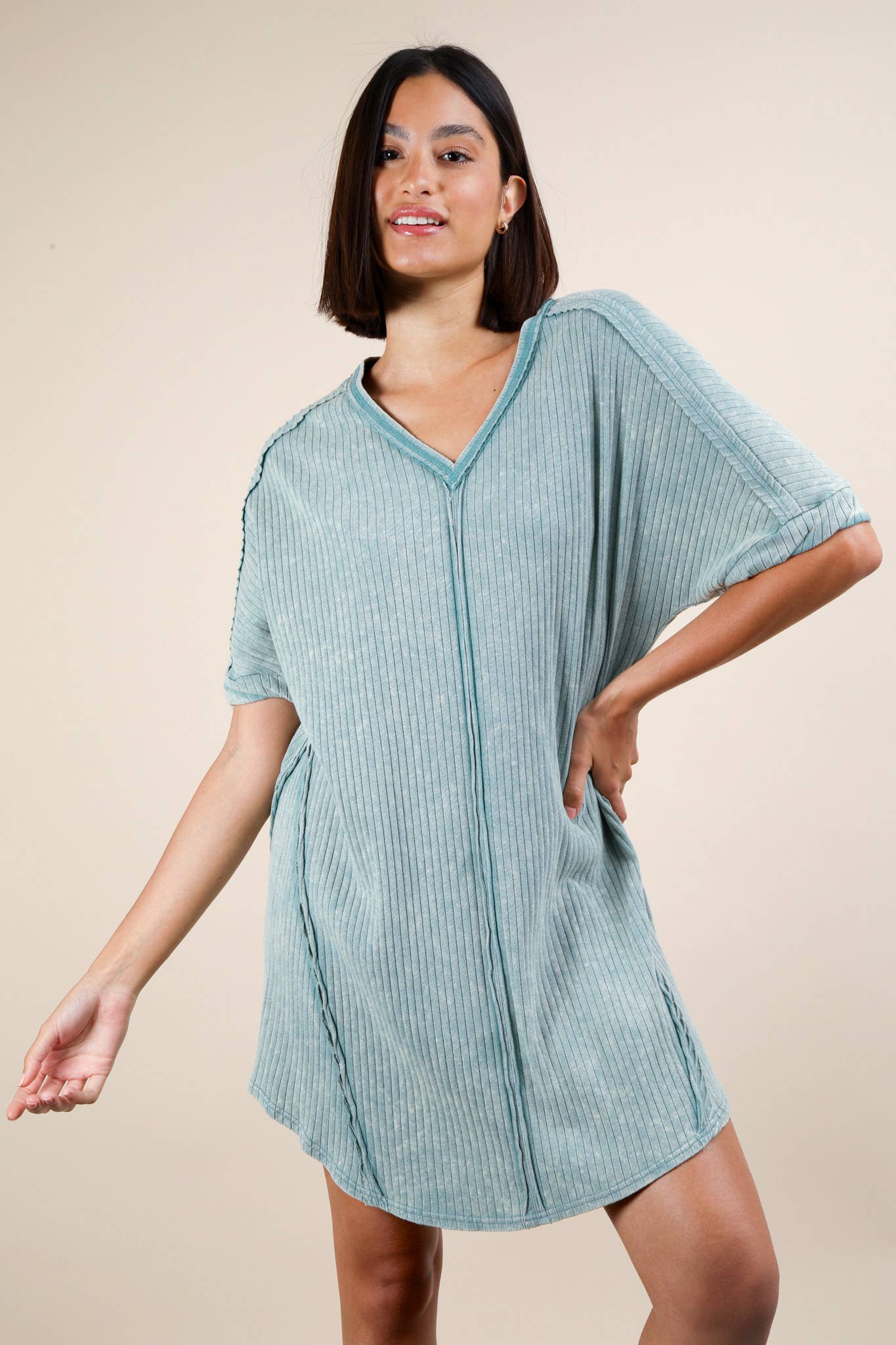 Mineral Washed Ribbed Knit Shift Mini Dress