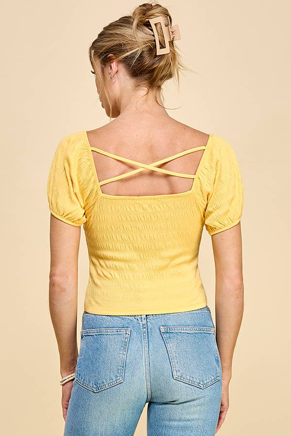 KNIT FRONT WITH TIE MID RISE CROP TOP