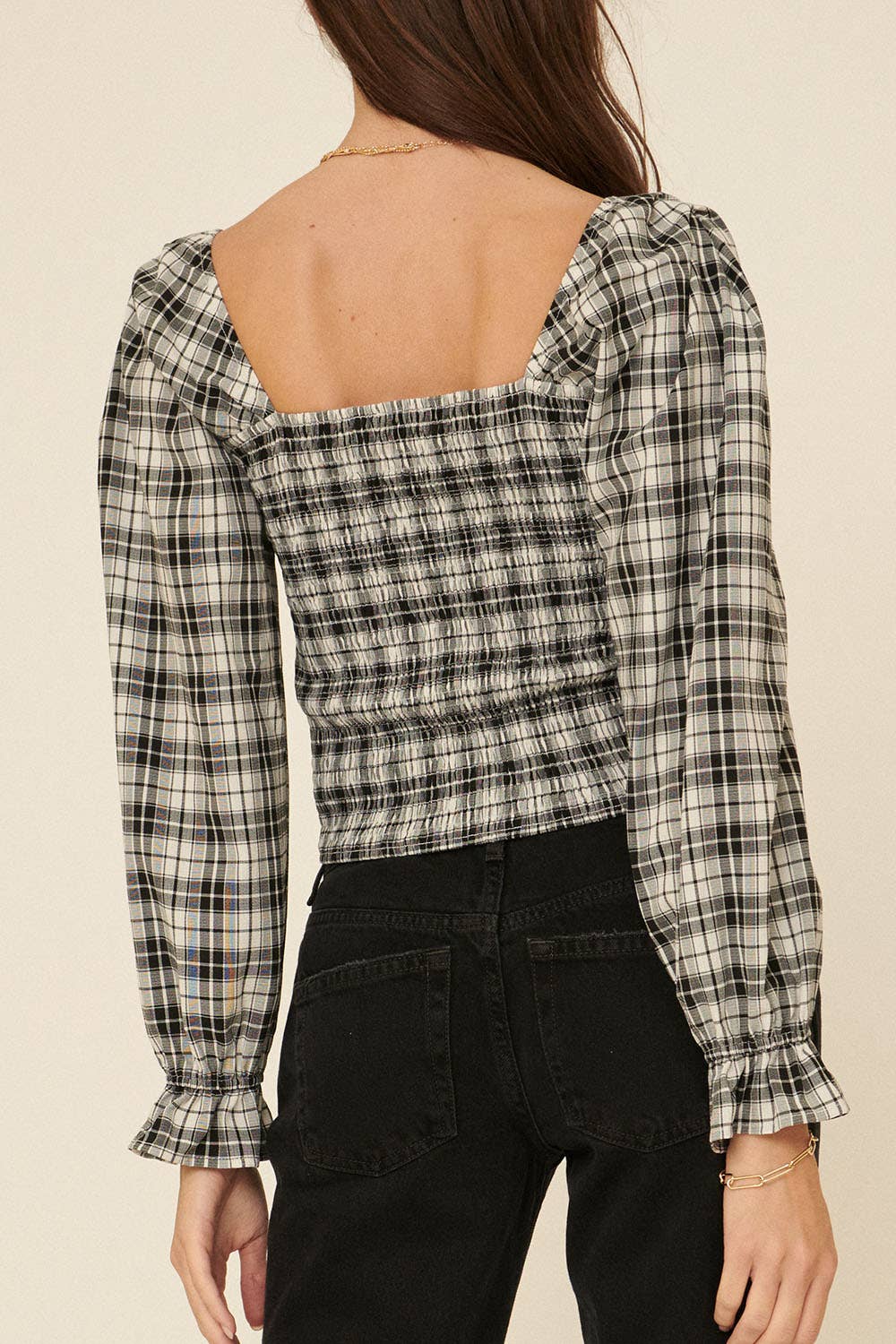 Plaid Square Neckline Smocked Bodice Blouse