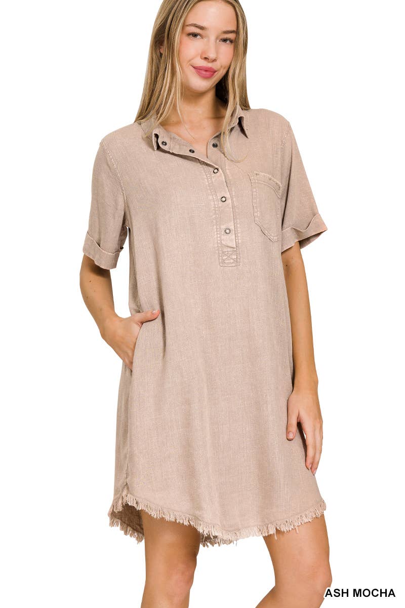 WASHED LINEN BUTTON DOWN V-NECK DRESS