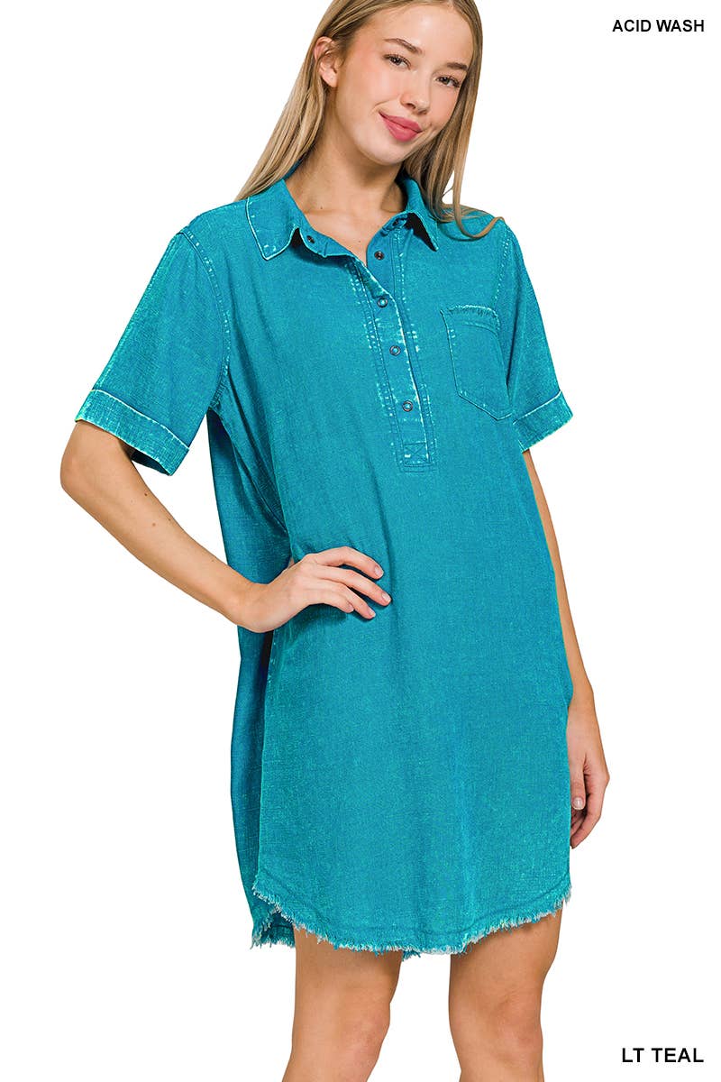 WASHED LINEN BUTTON DOWN V-NECK DRESS