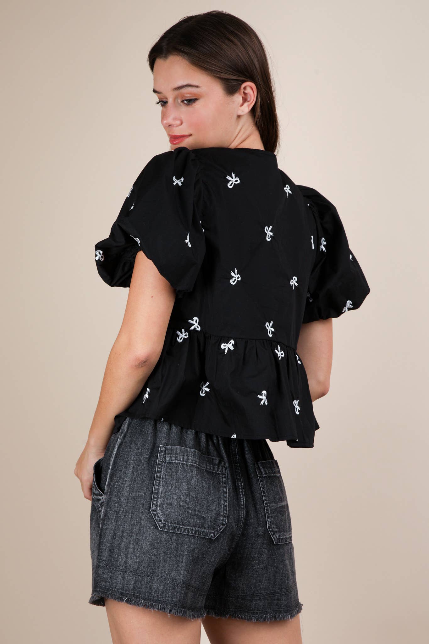 Black Front Tie Bow Embroidered Blouse Top