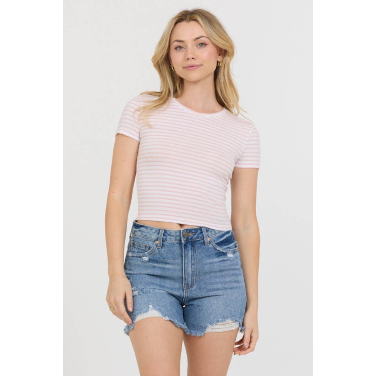 Striped Crew Neck Short Sleeve Cotton Jersey Top