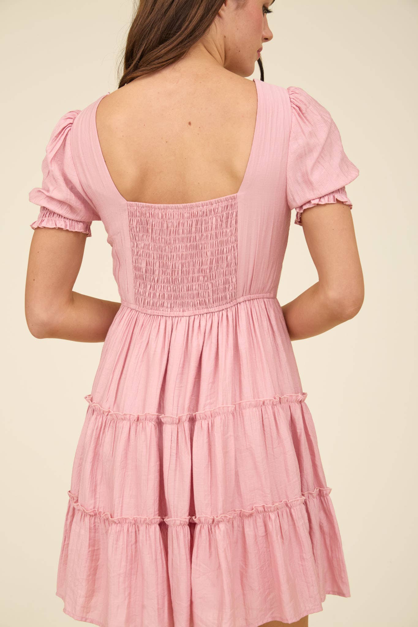 PINK SMOCKED TIERED MINI DRESS