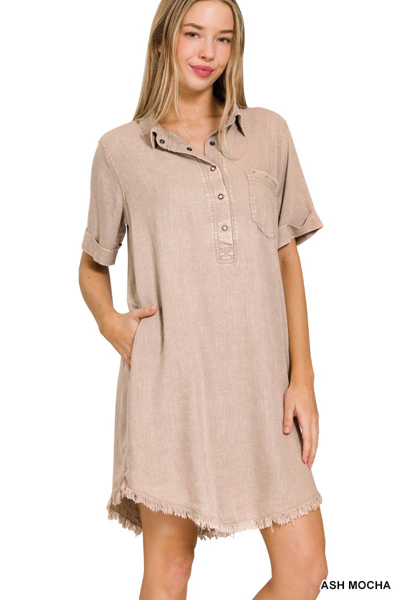 WASHED LINEN BUTTON DOWN V-NECK DRESS