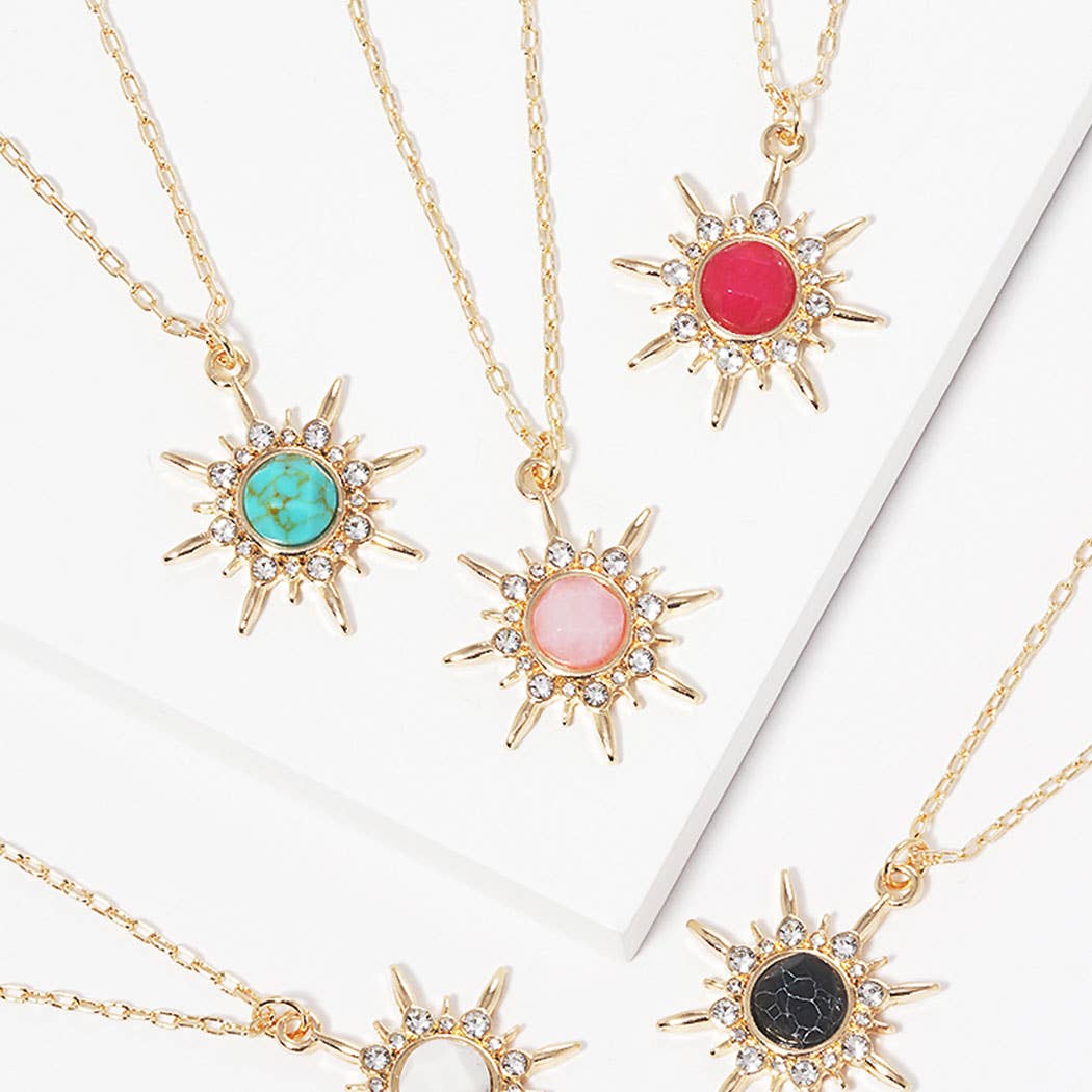 Sunburst Pendant Necklace w Semi-Precious Stone