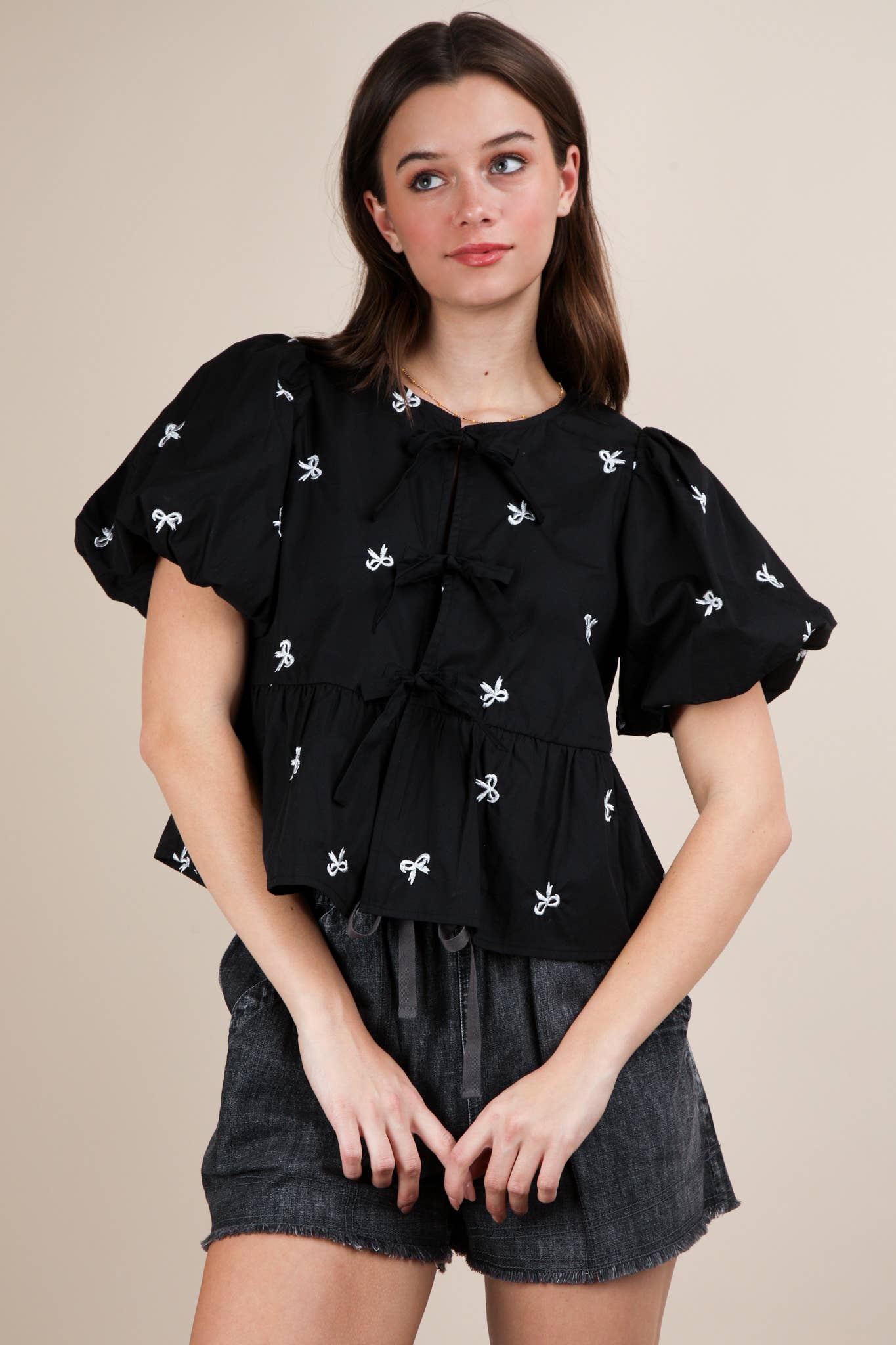 Black Front Tie Bow Embroidered Blouse Top