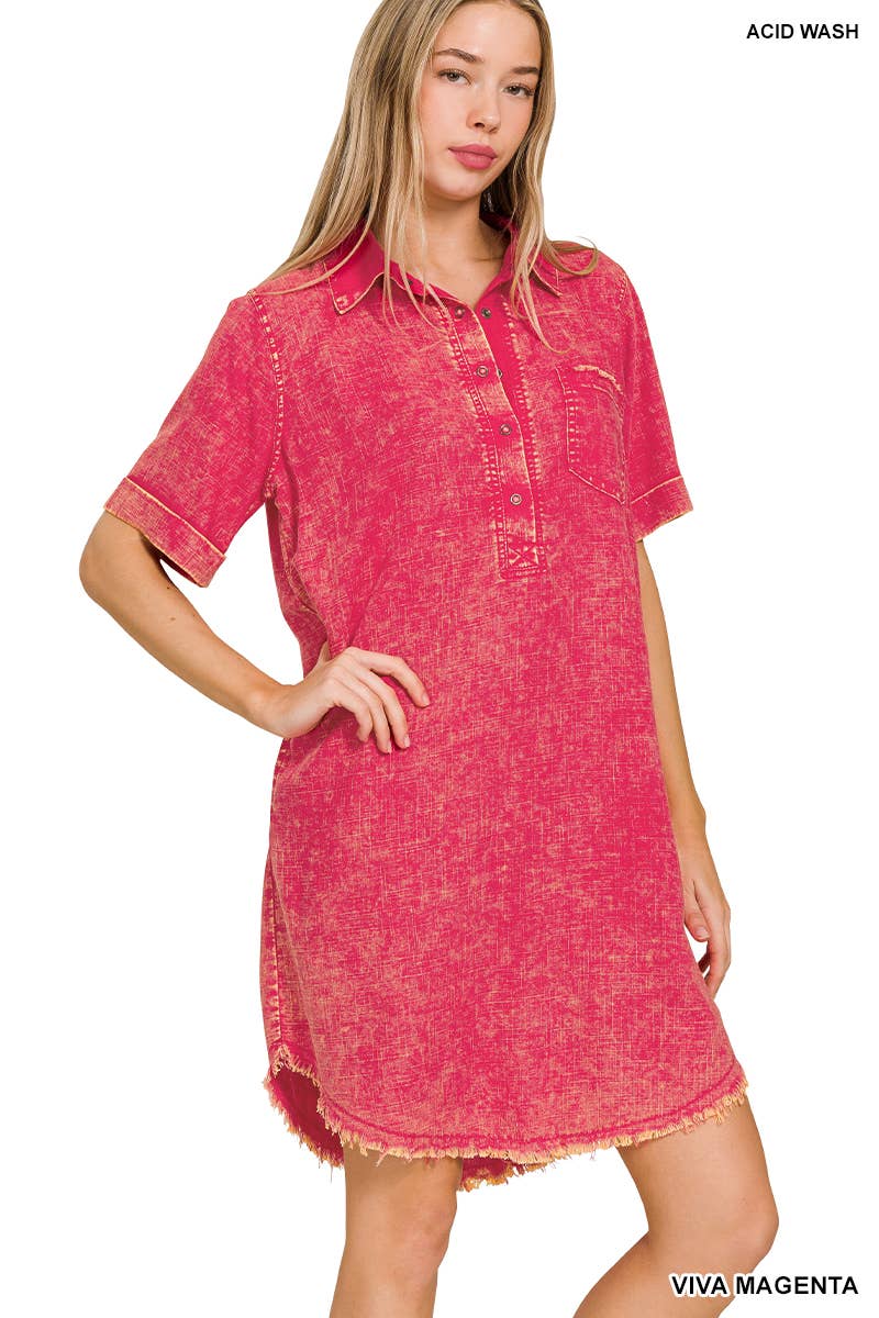 WASHED LINEN BUTTON DOWN V-NECK DRESS