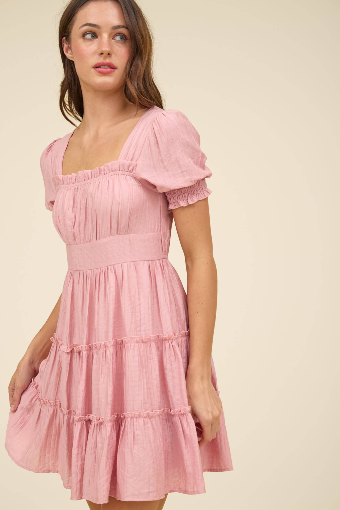 PINK SMOCKED TIERED MINI DRESS