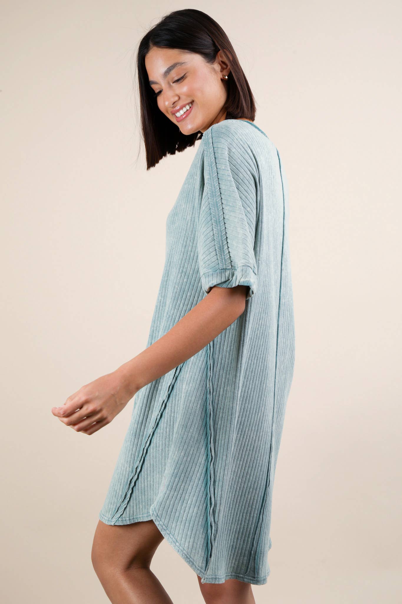 Mineral Washed Ribbed Knit Shift Mini Dress