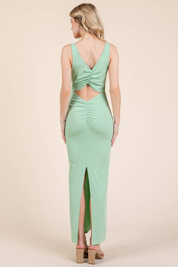 BACK RUCHED TANK BACK SLIT RIB MAXI DRESS