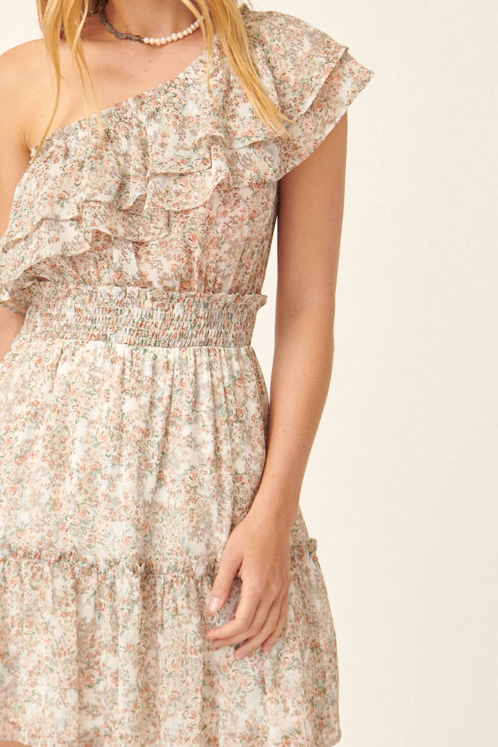 Floral One Shoulder Ruffle Overlayer Mini Dress