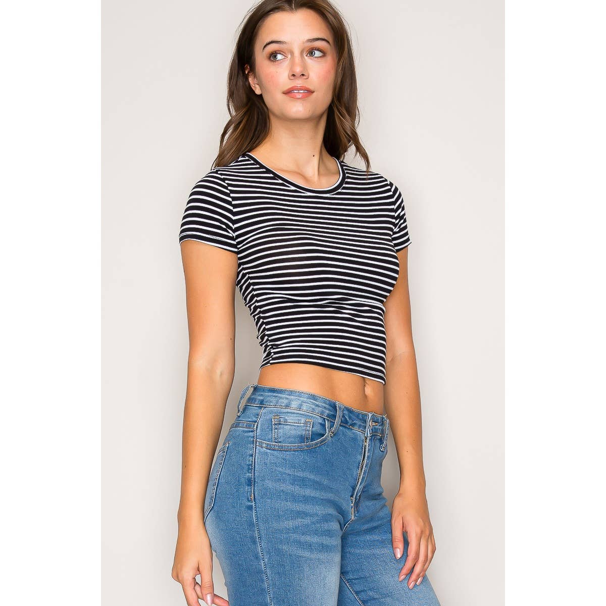 Striped Crew Neck Short Sleeve Cotton Jersey Top
