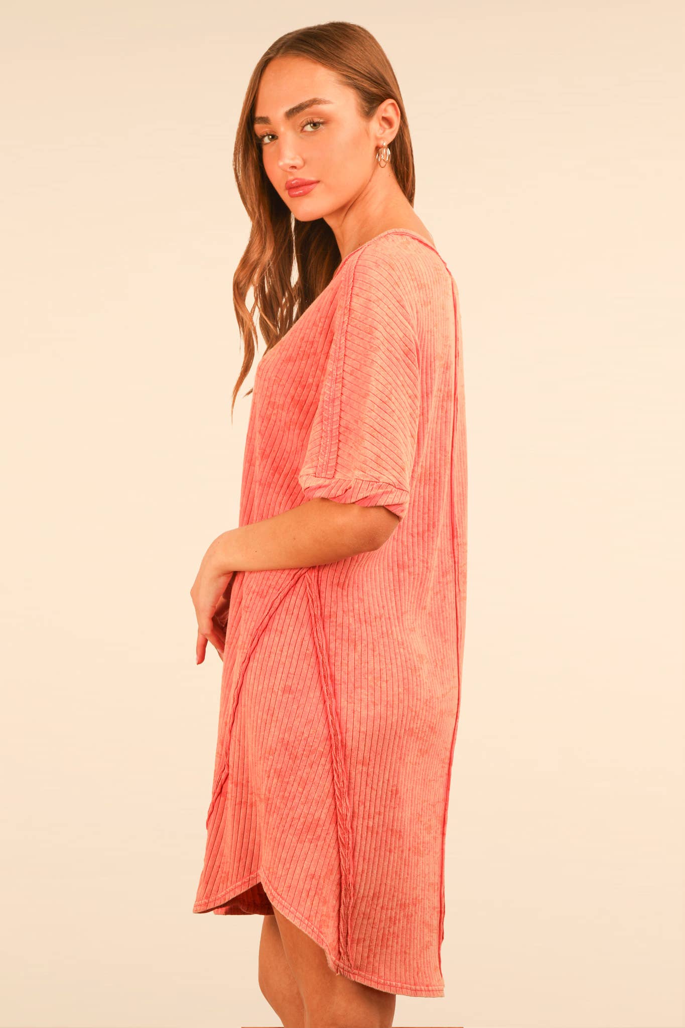 Mineral Washed Ribbed Knit Shift Mini Dress