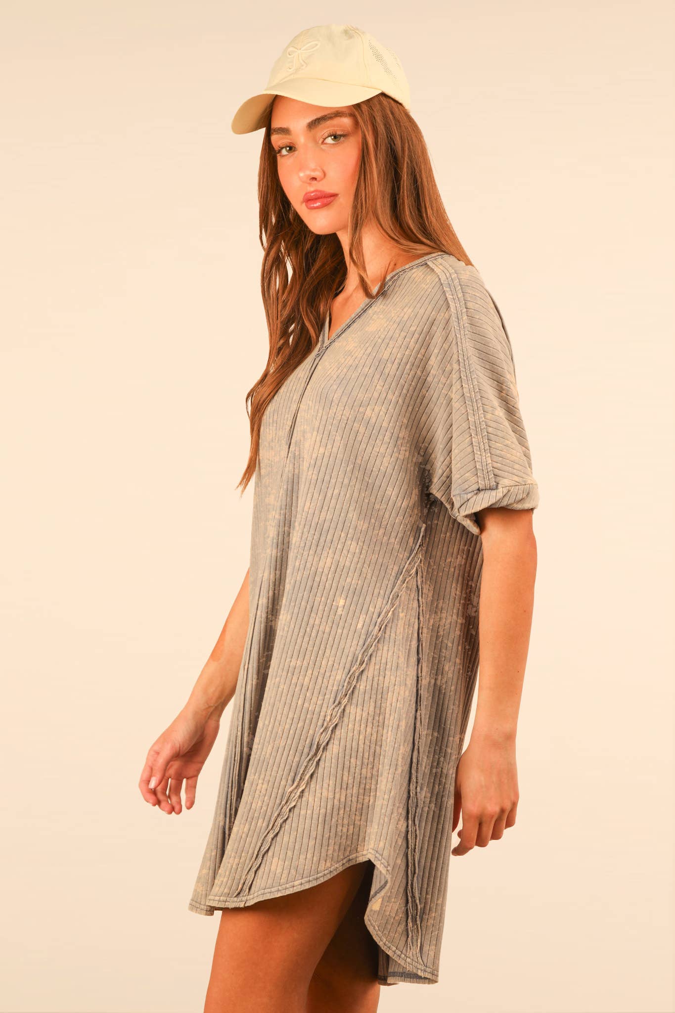 Mineral Washed Ribbed Knit Shift Mini Dress