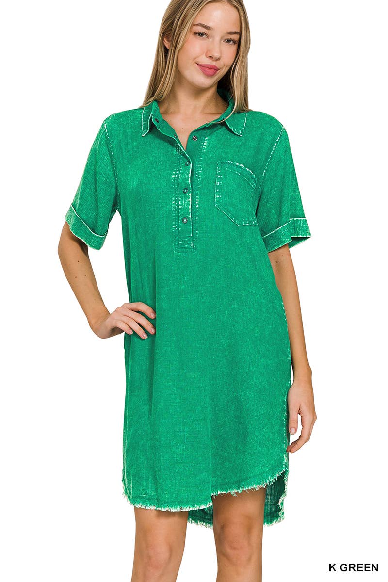 WASHED LINEN BUTTON DOWN V-NECK DRESS
