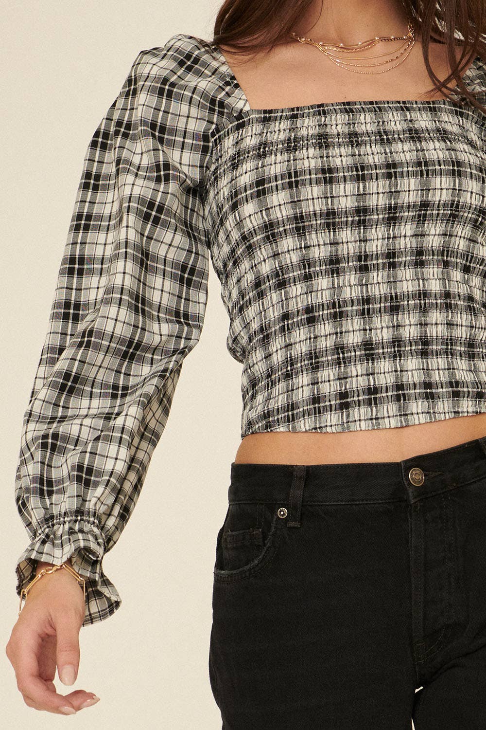 Plaid Square Neckline Smocked Bodice Blouse