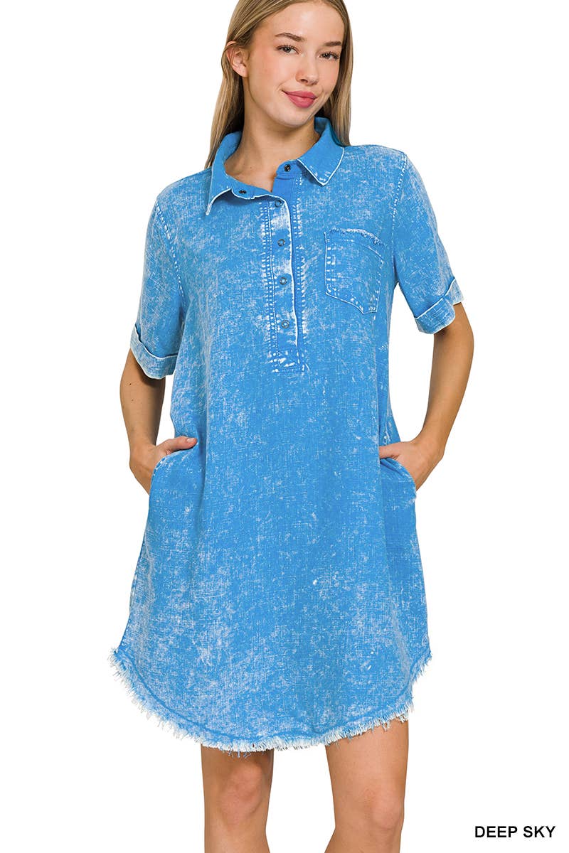 WASHED LINEN BUTTON DOWN V-NECK DRESS