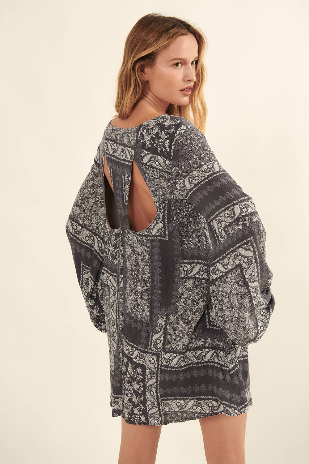 Bandana-Print Long-Sleeve Cutout Mini Shift Dress