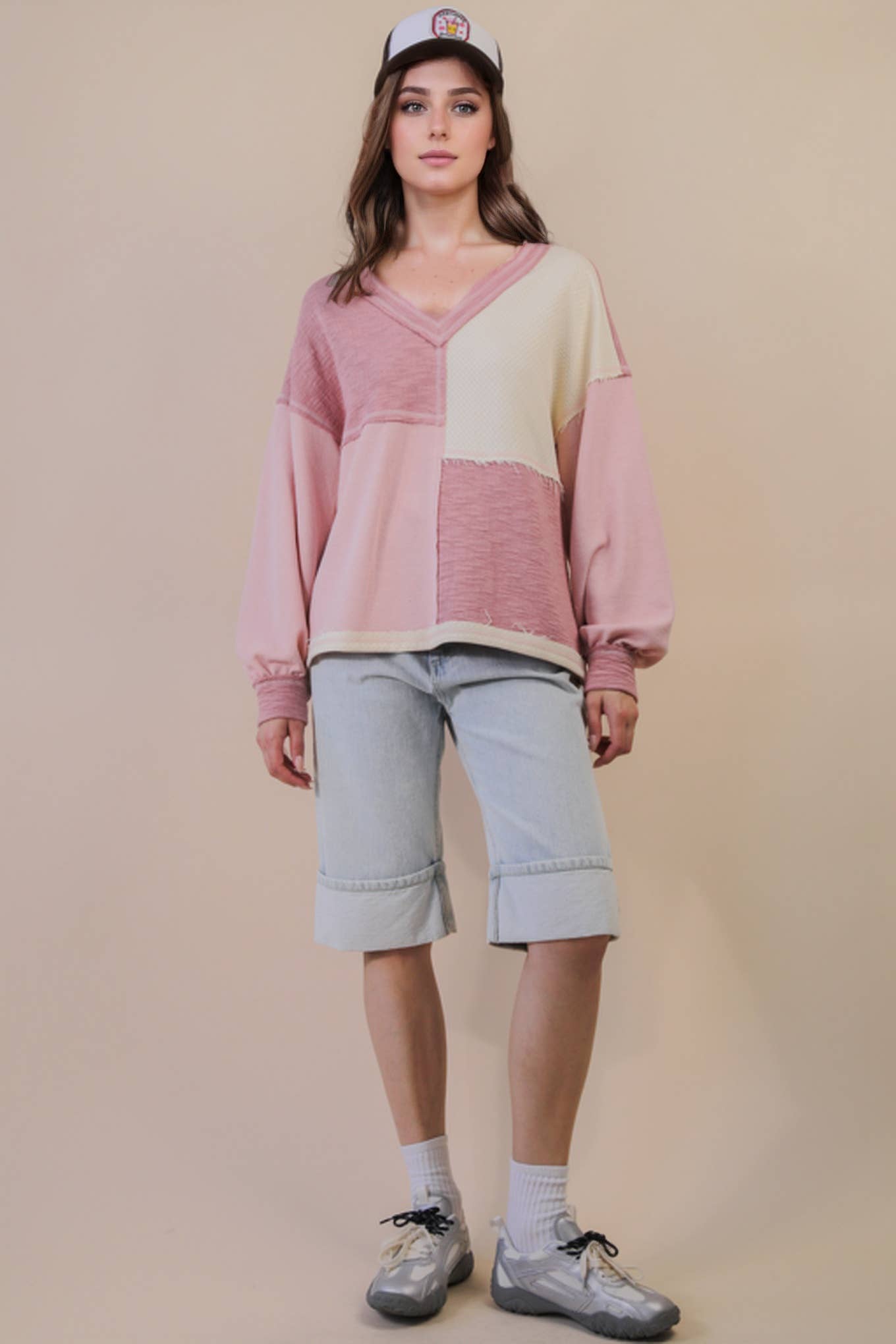 Pink Oversized Color Block Casual Knit Top