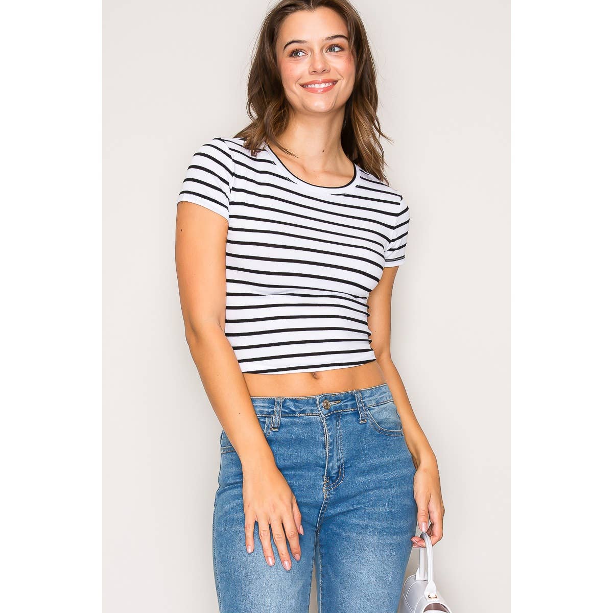 Striped Crew Neck Short Sleeve Cotton Jersey Top