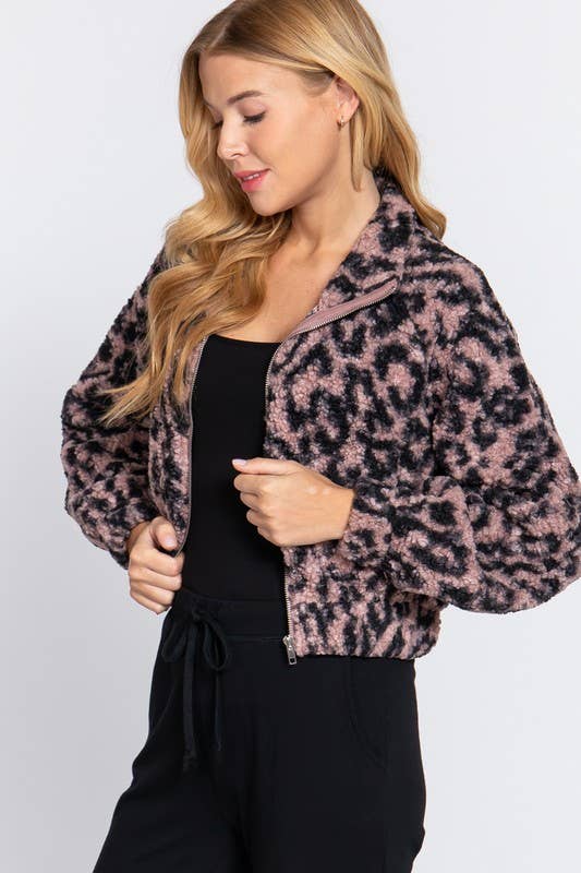 Long Sleeve Animal Print Faux Fur Jacket