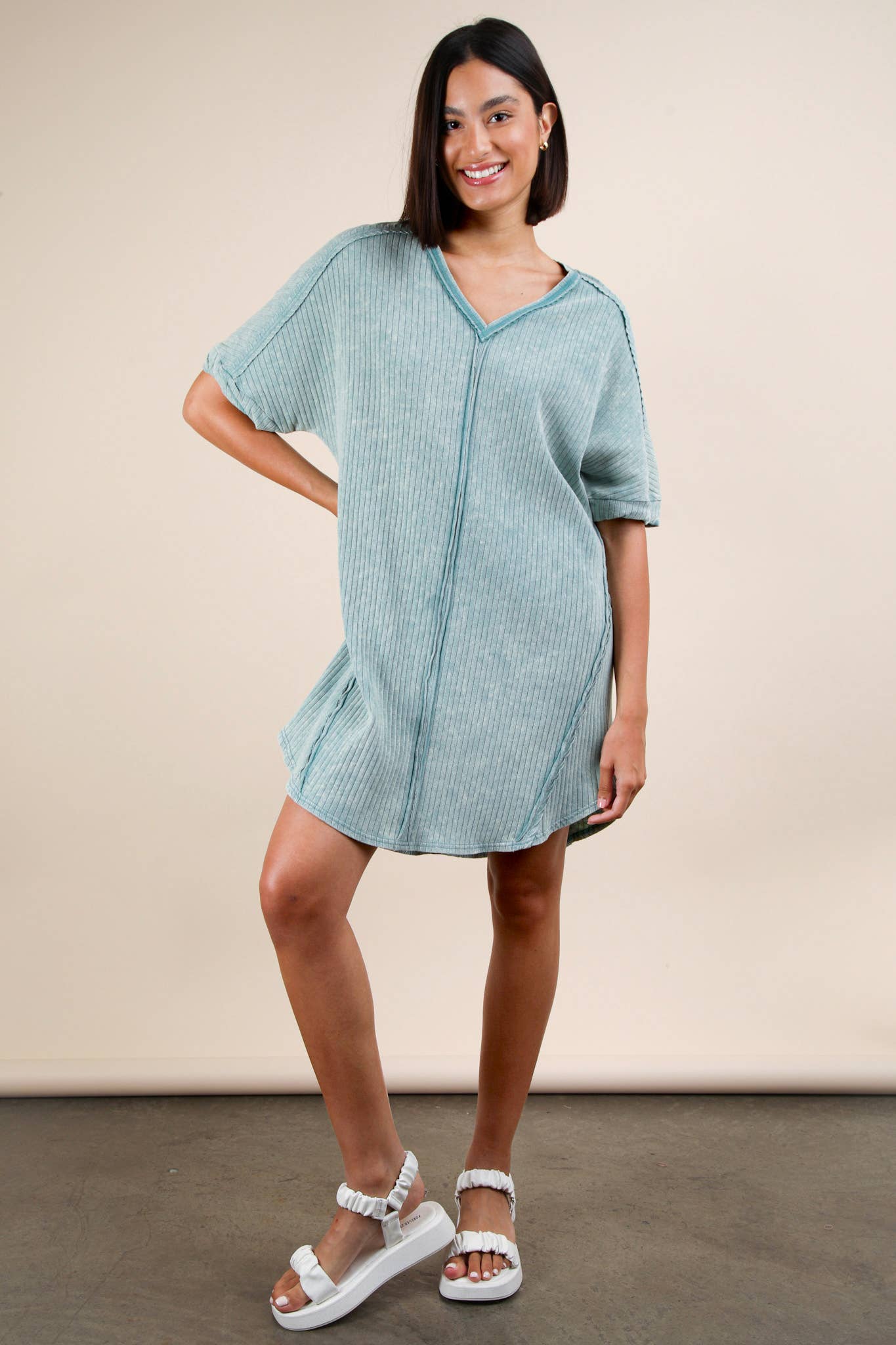 Mineral Washed Ribbed Knit Shift Mini Dress