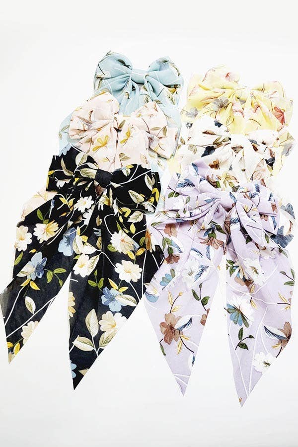 Flower Print Long Tail Barrette Double Hair Bow