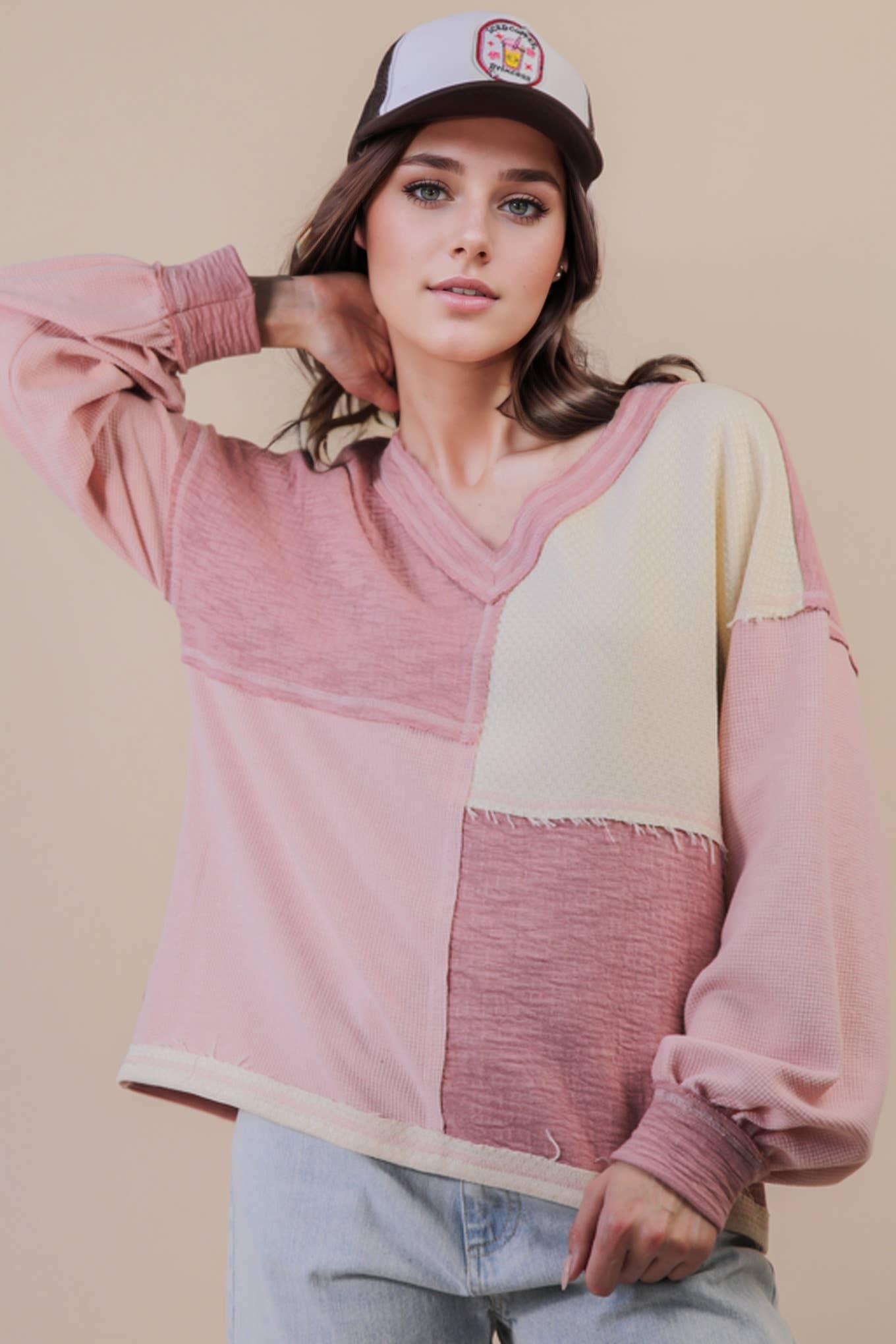 Pink Oversized Color Block Casual Knit Top