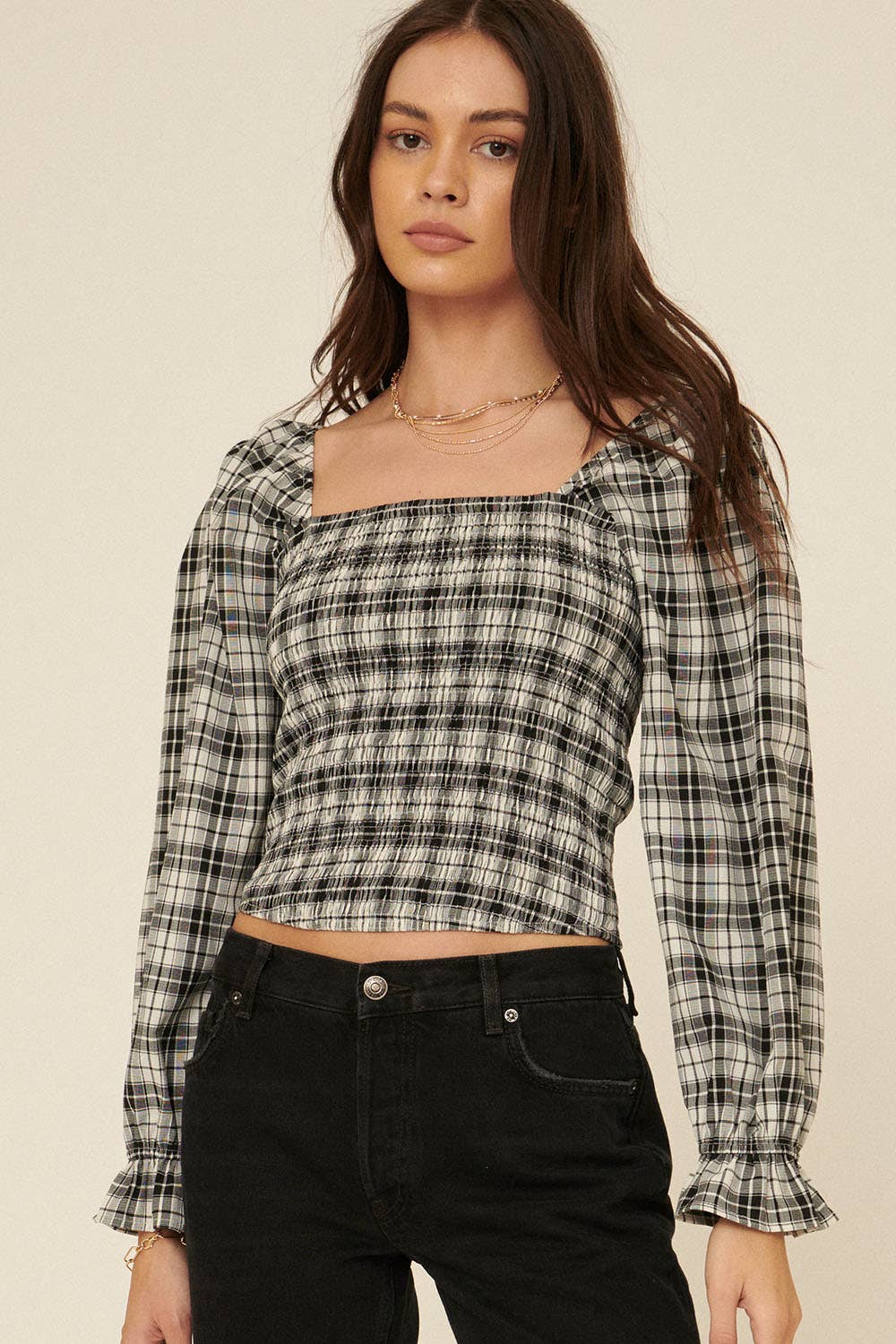 Plaid Square Neckline Smocked Bodice Blouse