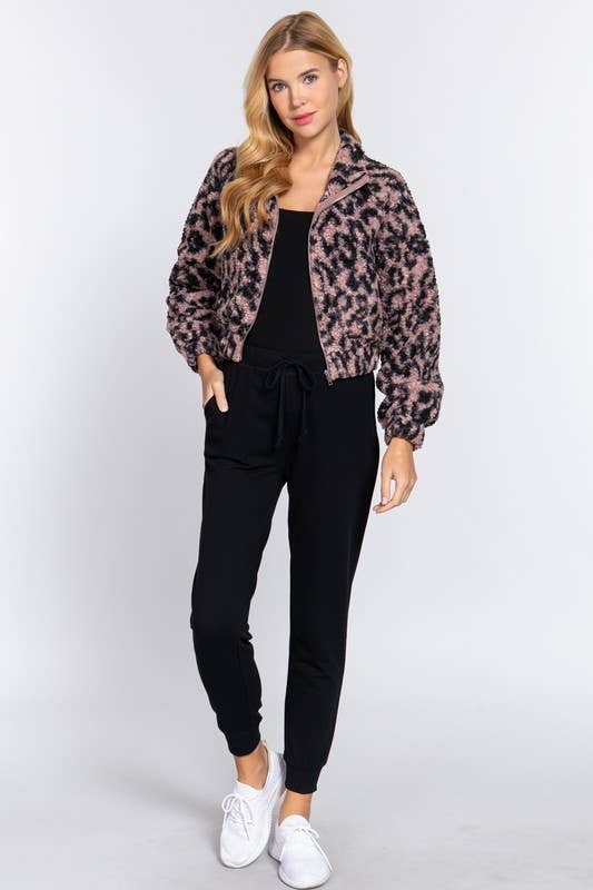 Long Sleeve Animal Print Faux Fur Jacket