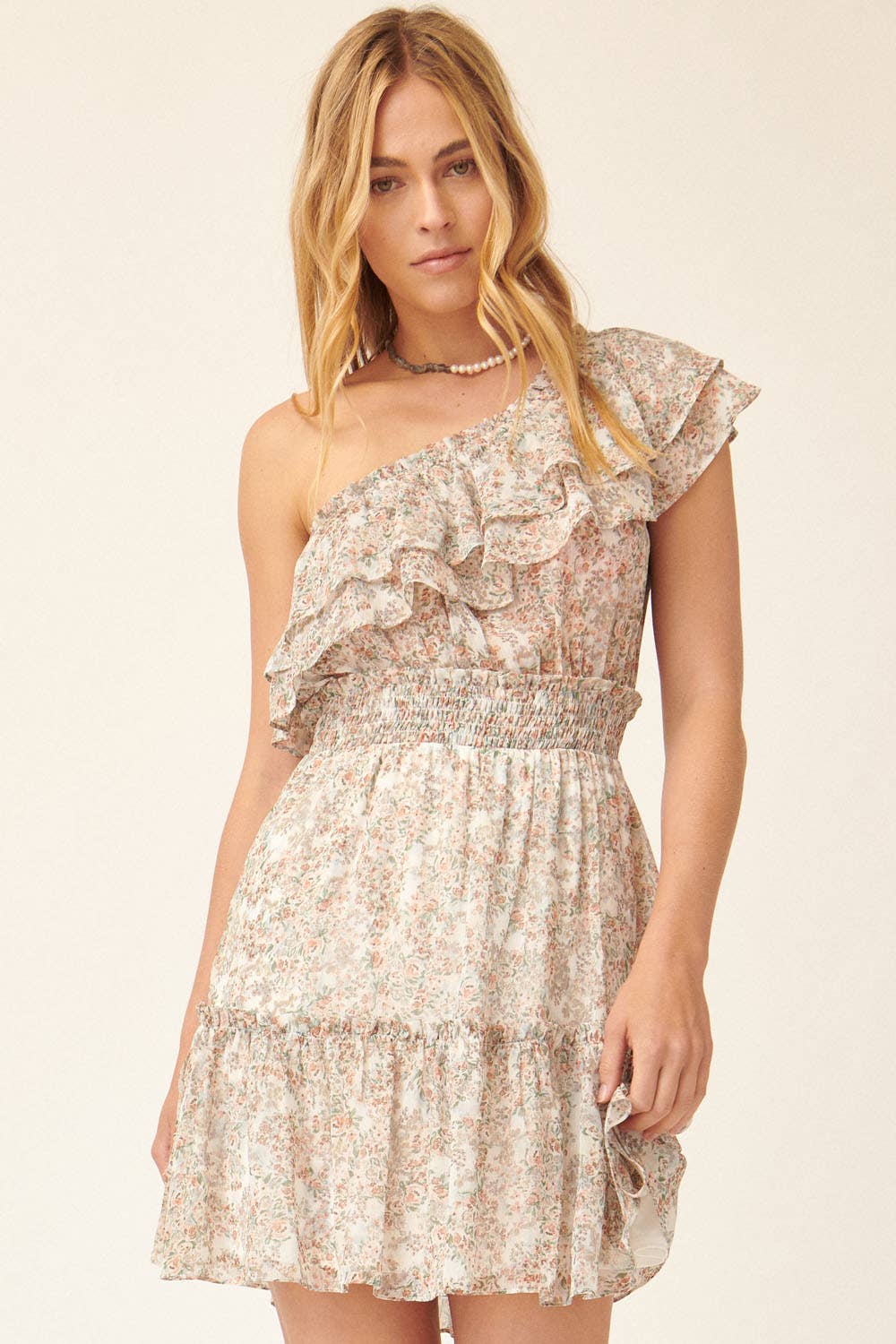 Floral One Shoulder Ruffle Overlayer Mini Dress