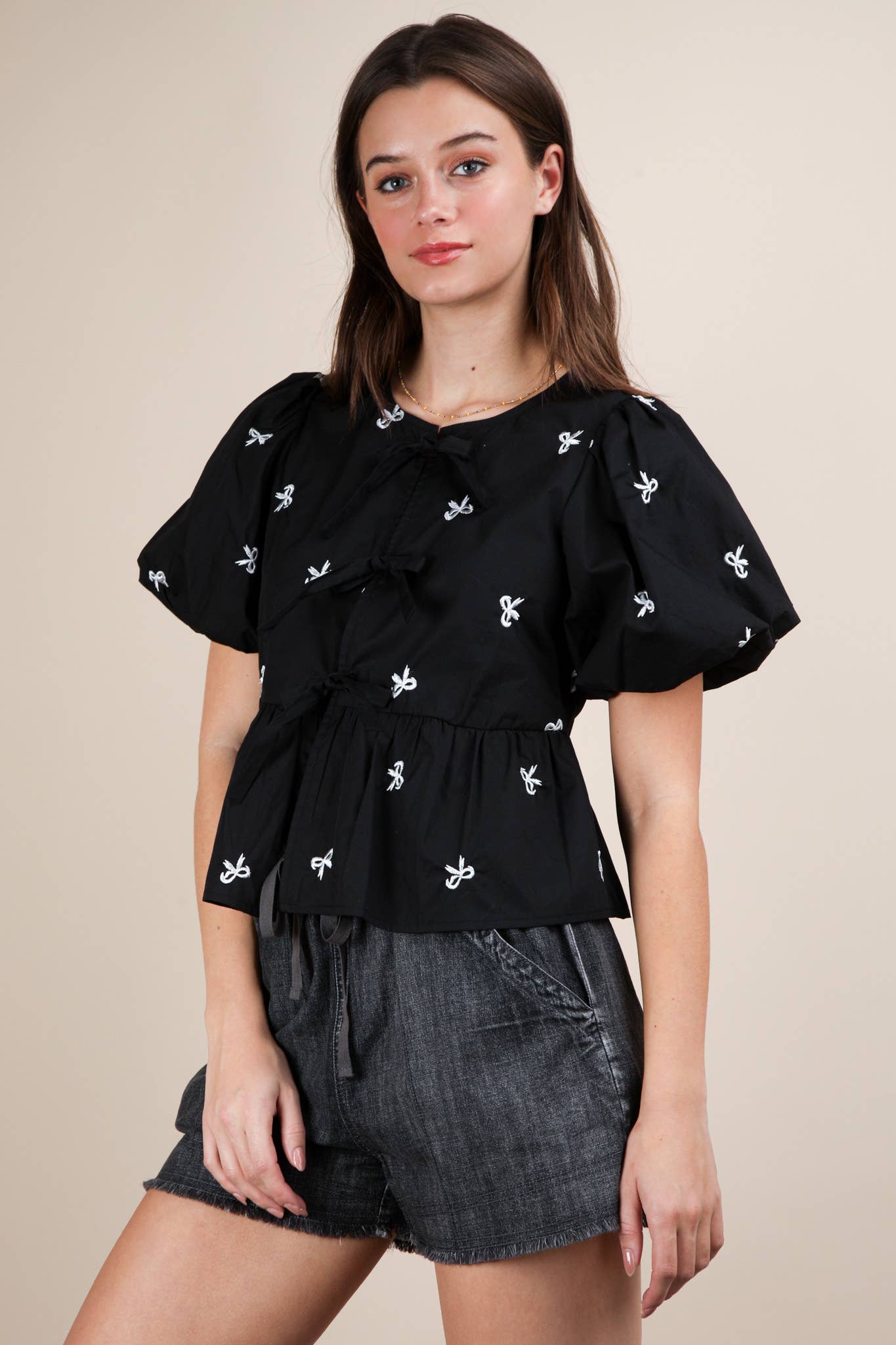 Black Front Tie Bow Embroidered Blouse Top