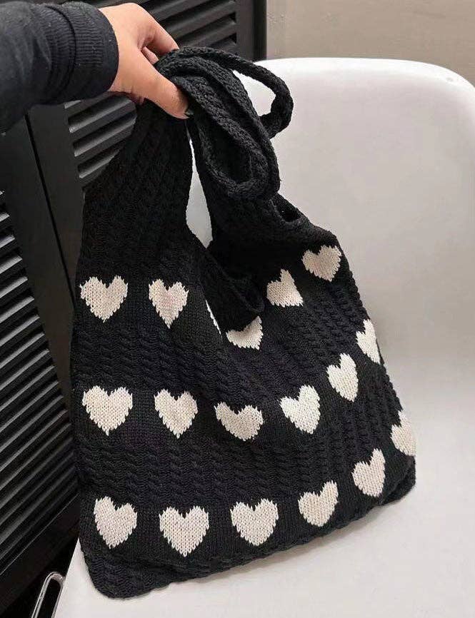 Knitted Heart Design Shoulder Tote Bag