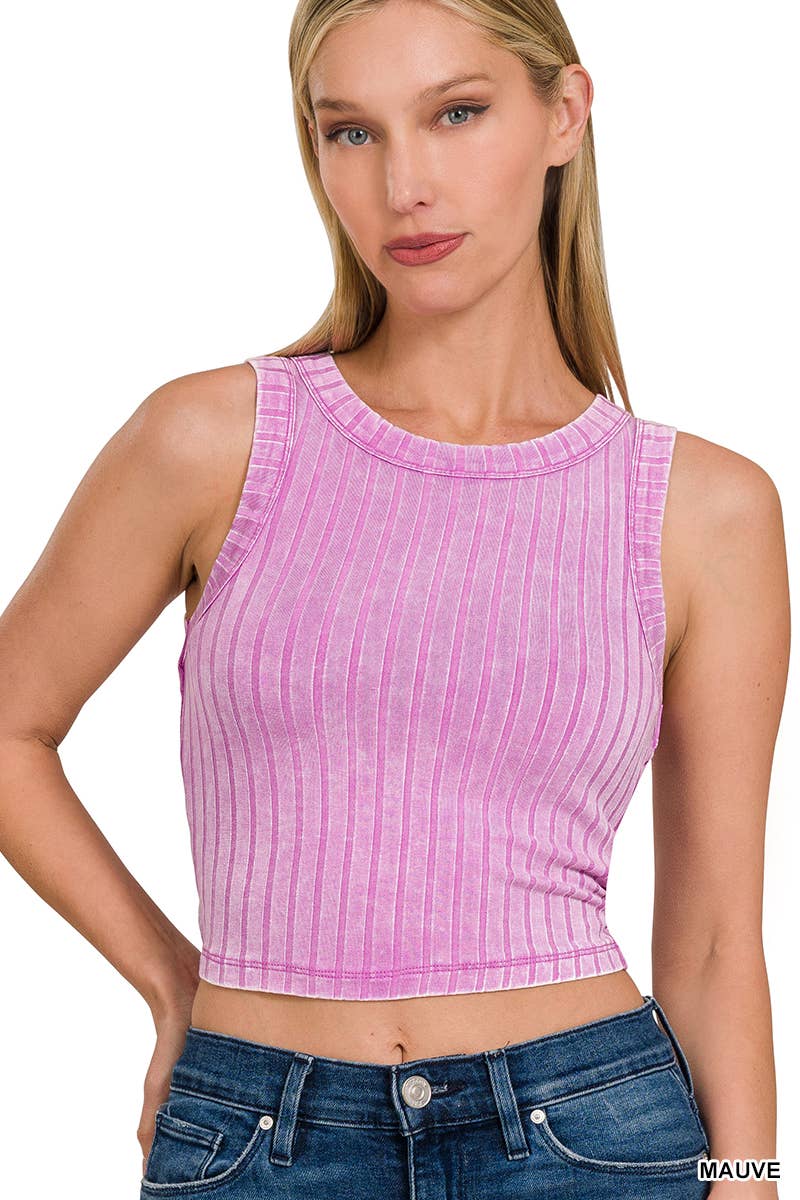 Ribbed Washed Sleeveless Cropped Tank Top