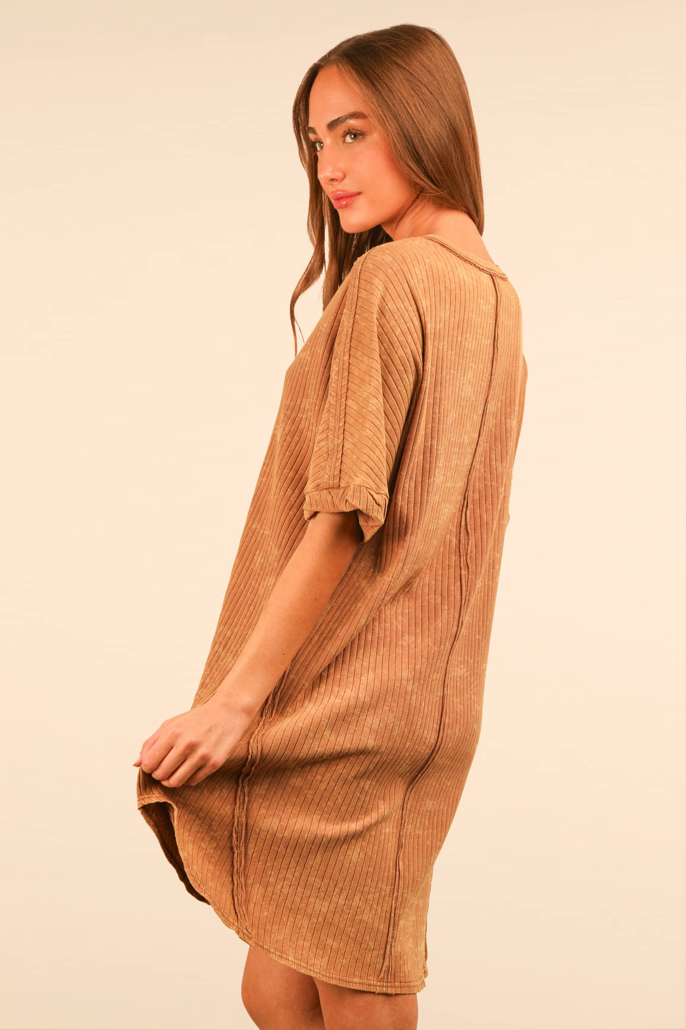 Mineral Washed Ribbed Knit Shift Mini Dress