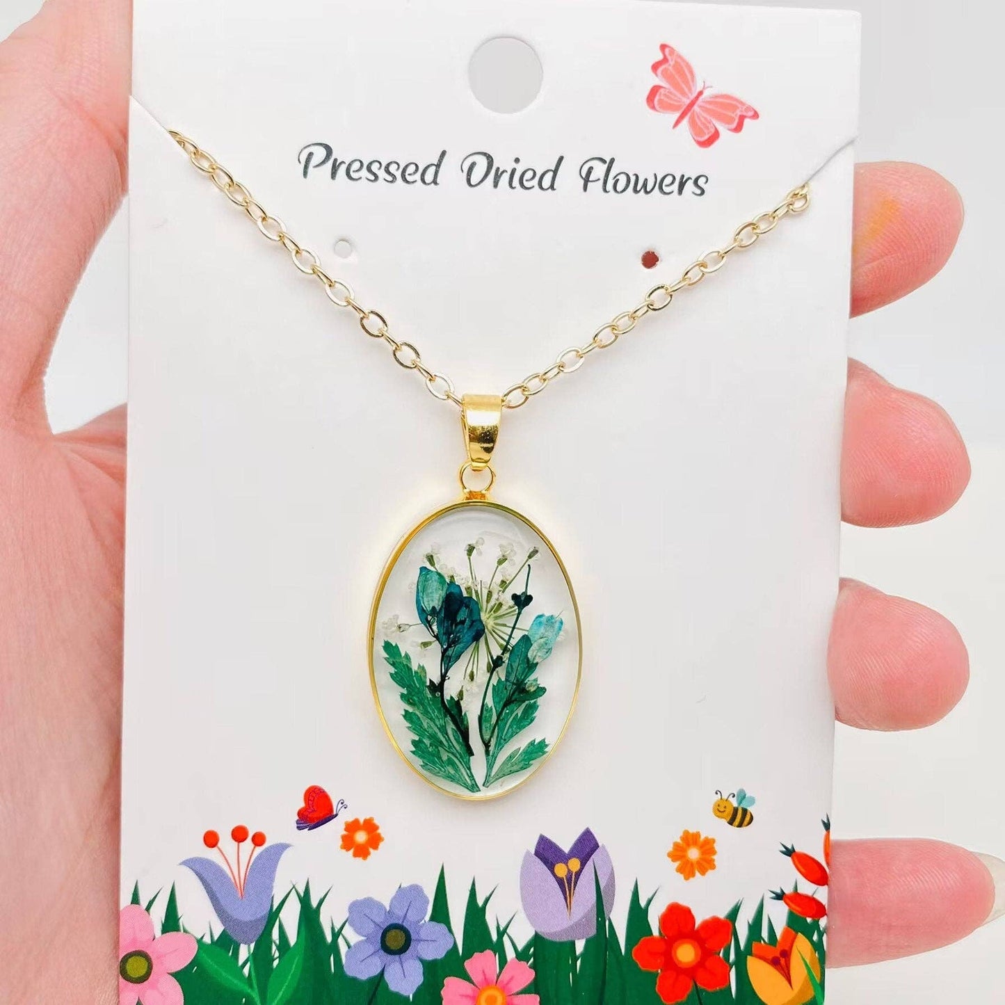 Pressed Dried Flowers Oval Pendant Necklace