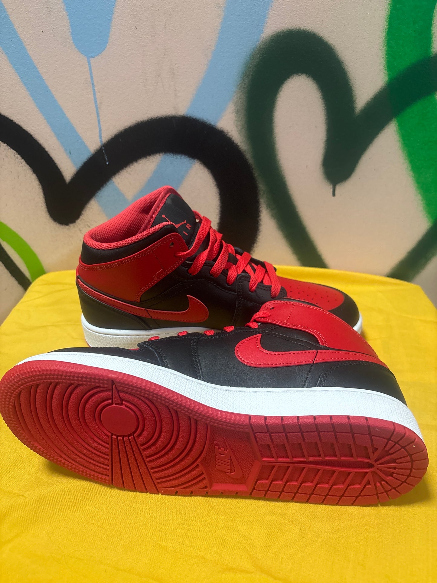 Nike Air Jordan 1 Mid "Alternate Bred" sneakers in a black, fire red, and white colorway Size 7 youth **NEW IN BOX**