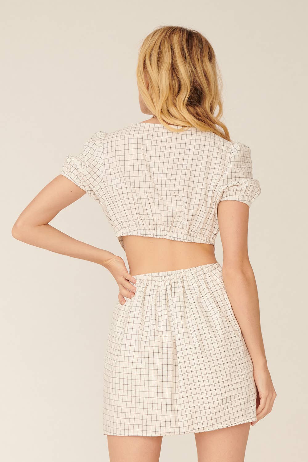 Plaid V Neck Puff Sleeve Back Cutout Mini Dress