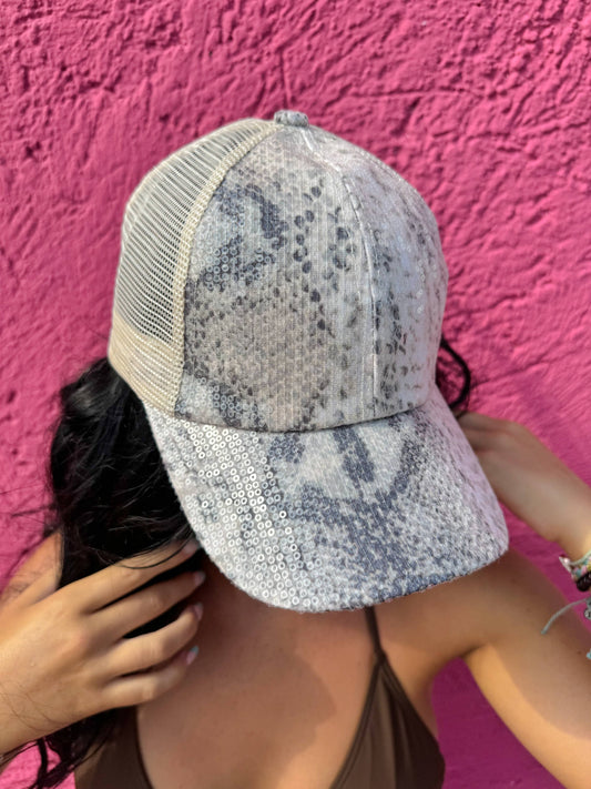 Clear Sequin Snake Pattern Criss Cross High Pony Cap