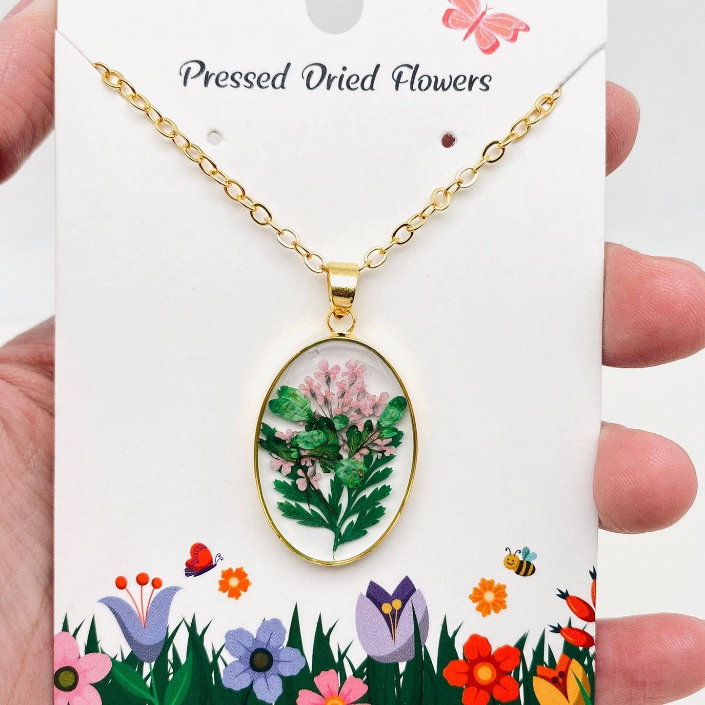 Pressed Dried Flowers Oval Pendant Necklace
