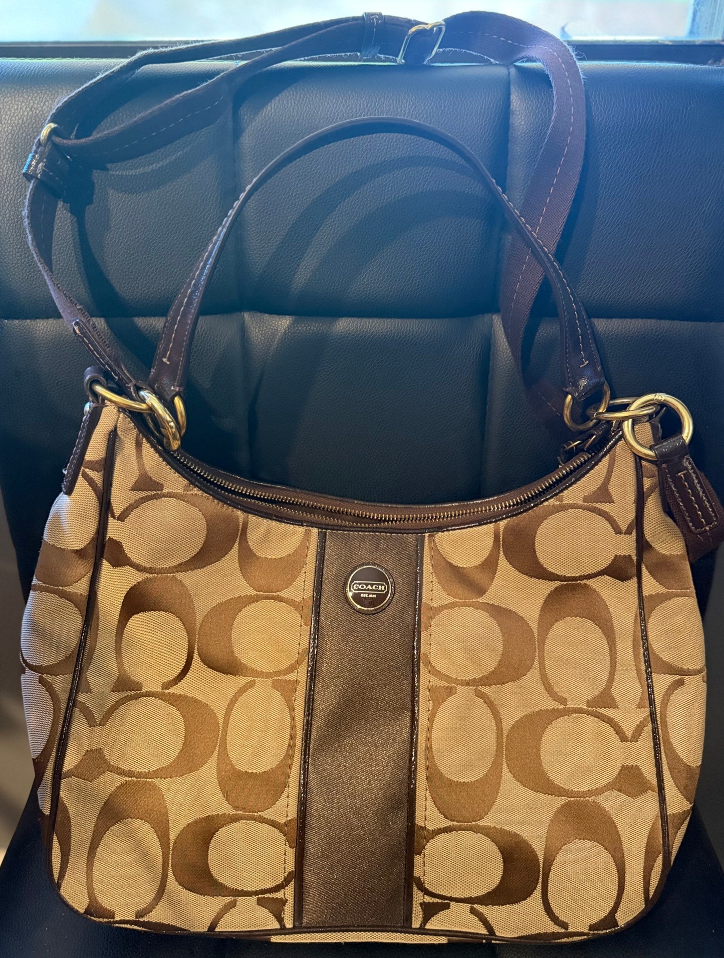 COACH Signature Canvas Brown Hobo Shoulder Bag + Matching Wallet **AUTHENTICATED**