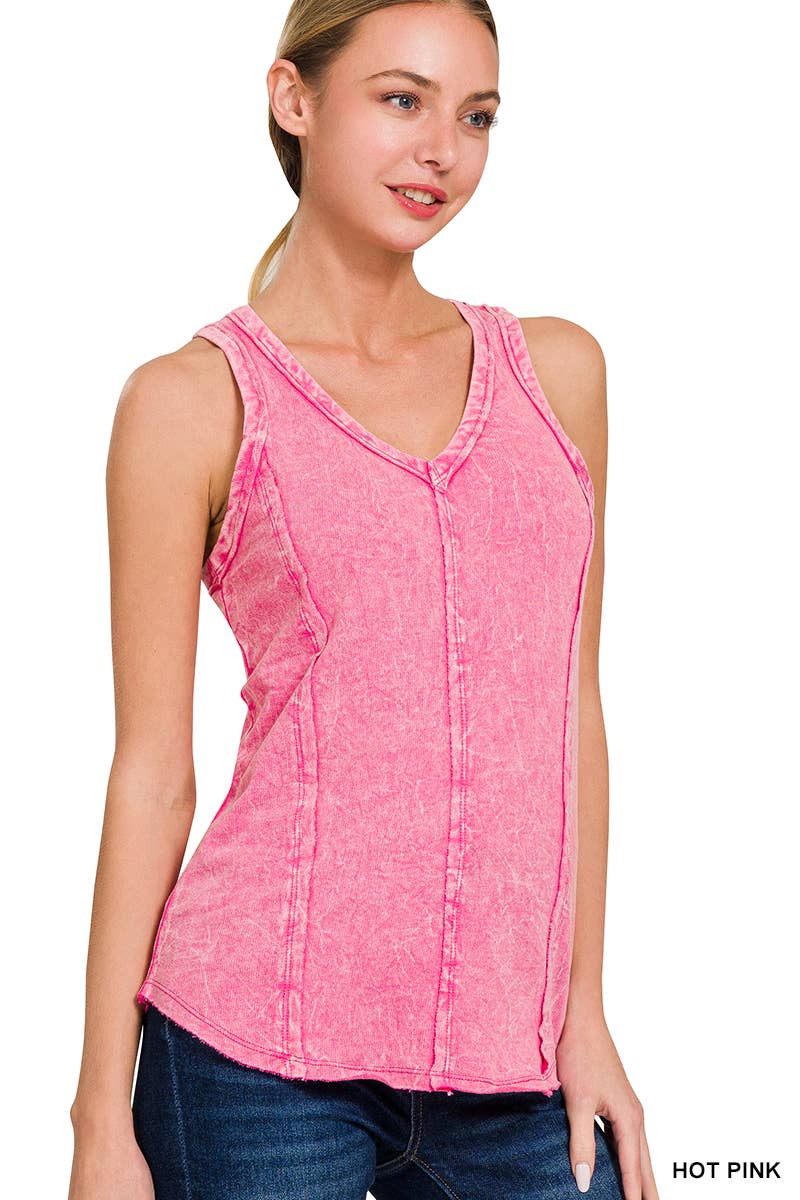 Washed Raw Edge V Neck Sleeveless Top