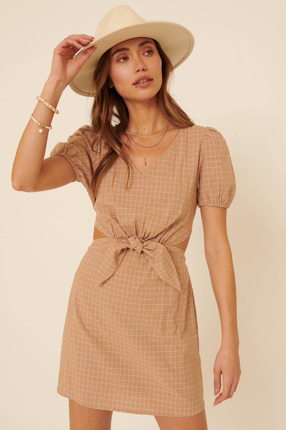 Plaid V Neck Puff Sleeve Back Cutout Mini Dress
