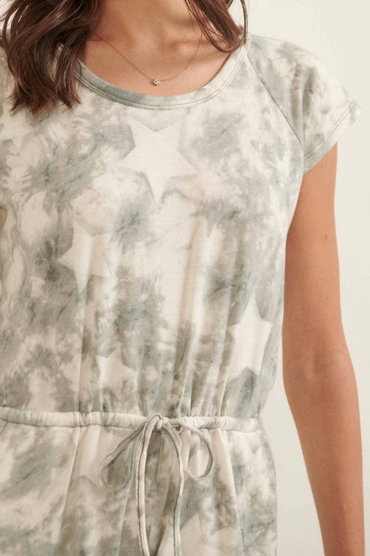 Star-Pattern Tie-Dye Drawstring Pocket Romper