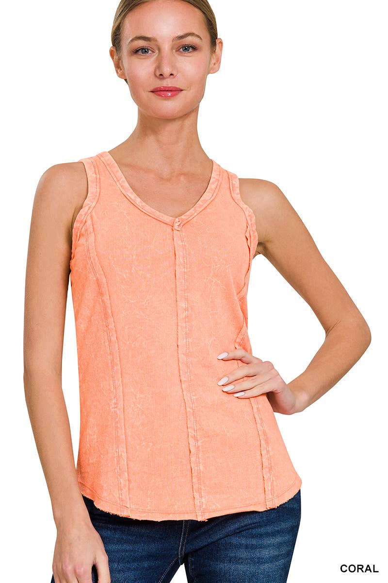 Washed Raw Edge V Neck Sleeveless Top