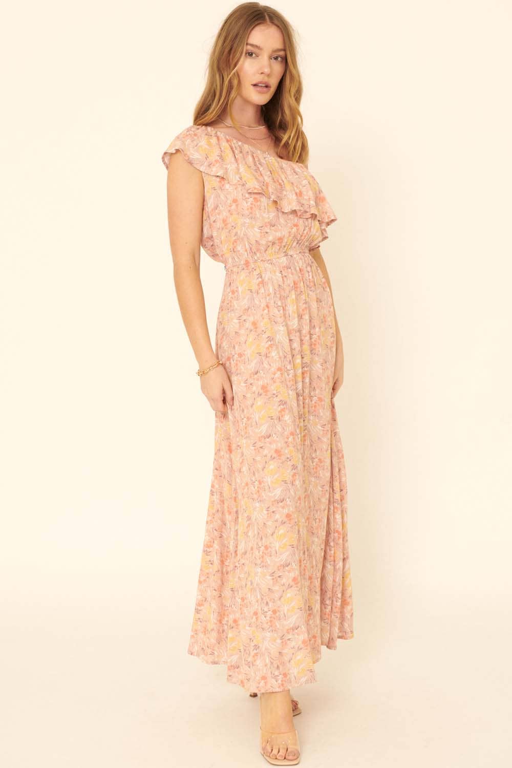 Floral One Shoulder Ruffle Overlayer Maxi Dress
