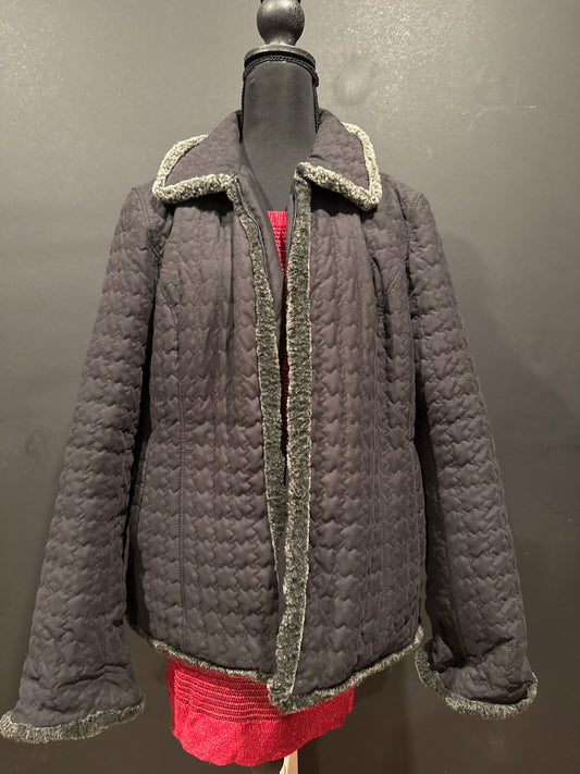 (LARGE) Vintage Utex Design Nylon Fleeced Lined Patterned Black & Grey Zip Up